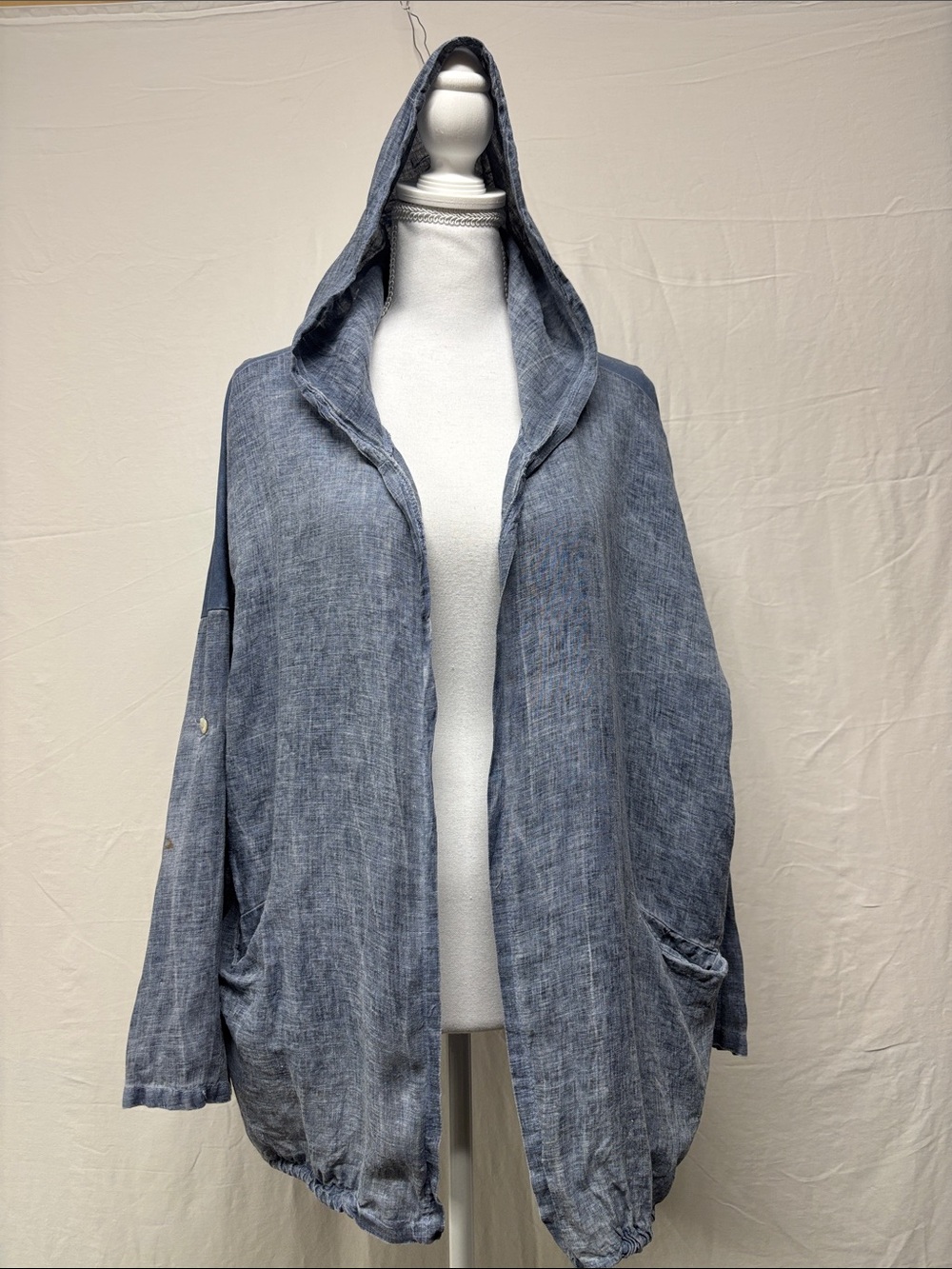 Light Blue Hooded Linen Blend Jacket